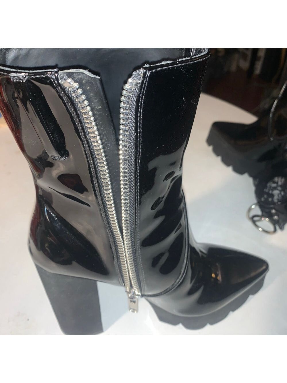 Women's Unbranded Black Patent Lace Trim Heeled Boots Size 7 - Picture 8 of 14